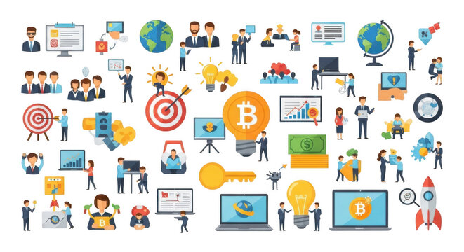 Colorful flat icons representing business, technology, and cryptocurrency concepts with people and symbols isolated on transparent background