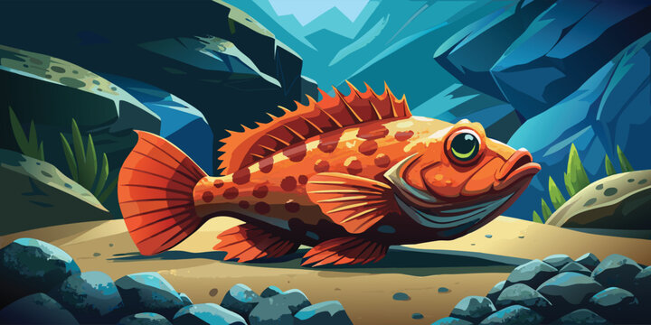 Orange stonefish fish swimming in a rocky underwater environment with seaweed and sand