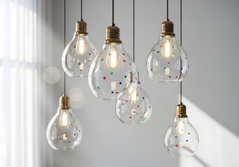 A cluster of clear glass pendant lights with colorful polka dots, creating a whimsical and modern lighting arrangement.