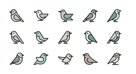 A collection of 15 stylized bird icons, each with a unique pose and color scheme. They're rendered with clean lines, minimalist details, and a muted, pastel palette against a white background