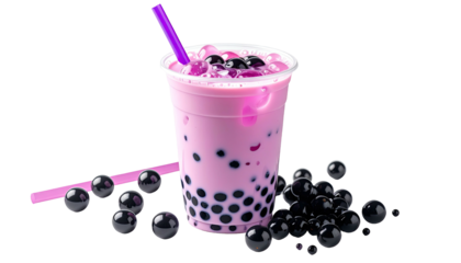 Pink boba tea with purple straw, balls. Isolated on black