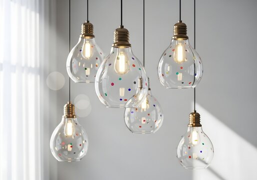 A cluster of clear glass pendant lights with colorful polka dots, creating a whimsical and modern lighting arrangement.