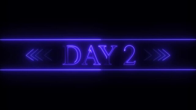 Purple Neon DAY2 Text with Blue Chevron Arrows on Black Background day 2 glowing