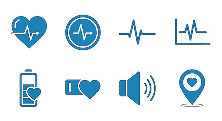 A collection of blue icons on a white background, featuring heart rate indicators, battery, sound, and location markers. Simple and modern design with clear outlines