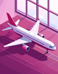 Cartoon airplane at gate, pink hue