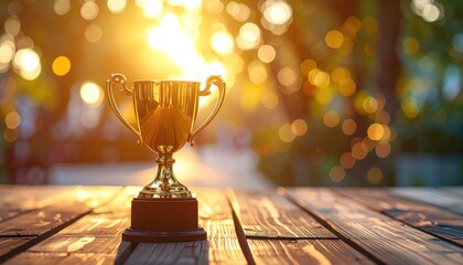 Golden trophy glows on weathered wooden table, lights