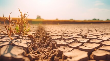 dry, cracked, parched earth, arid landscape, dusty, desaturated, golden hour lighting, hazy atmosphere, distant mountains, sparse vegetation, desolate, abandoned, post-apocalyptic
