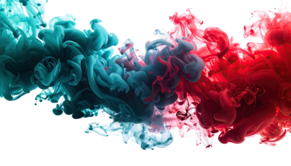 Swirls of turquoise and red ink mixing on a black background