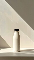 Bottle on a shelf, bathed in sunlight shadows