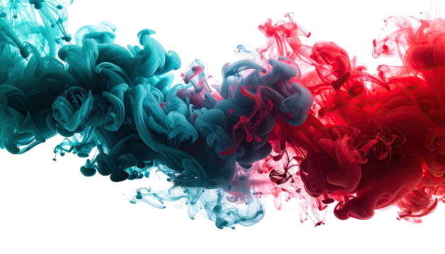 Swirls of turquoise and red ink mixing on a black background