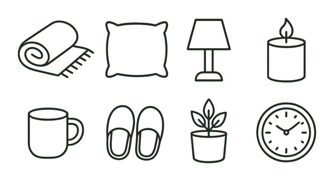 Cozy home essentials: rug, pillow, lamp, candle, mug, slippers, plant, clock icons