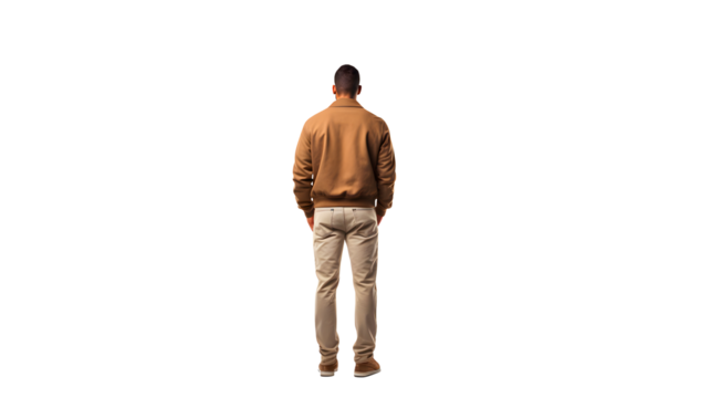 Full body view of a young man wearing a brown bomber jacket and light colored pants standing with hands in pockets isolated on transparent background