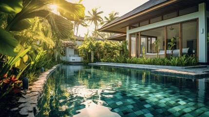 tropical villa, luxurious resort, outdoor pool with palm trees, warm golden sunlight, lush greenery, modern architecture, tranquil ambiance, serene atmosphere, high-end vacation destination, idyllic t