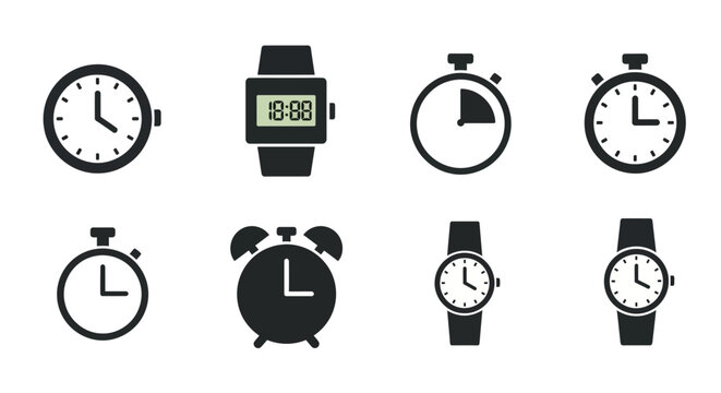 A collection of eight black and white timekeeping devices, including analog clocks, a digital watch, a stopwatch, an alarm clock, and wristwatches. The designs are simple, graphical, and illustrative