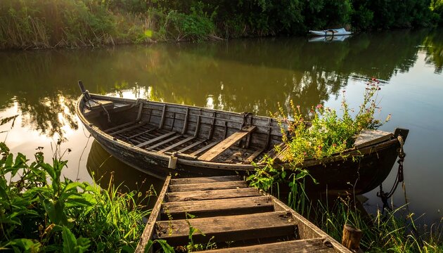 An old wooden boat on a serene river next to a weathered wooden dock