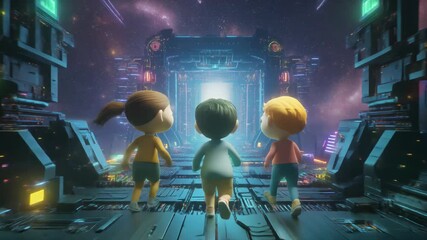 Three cartoon children walk towards a glowing portal in a futuristic space station, embarking on an adventure. - Powered by Adobe