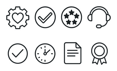 Collection of customer service icons including gear, checkmarks, and headset