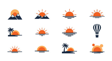 Set of stylized illustrations featuring the sun, mountains, water, palm trees, and a hot air balloon, rendered in orange and dark blue