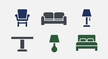 A collection of simple furniture icons in different colors including a chair, sofa, lamp, table, bed, and another lamp, likely for UI design