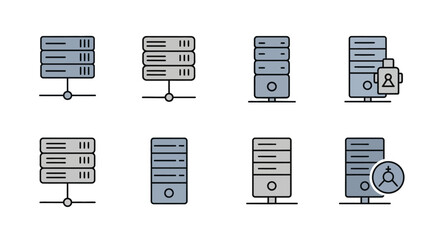 A collection of eight server icons. They have different styles and arrangements. Some have connection lines, while others feature user symbols or lock icons