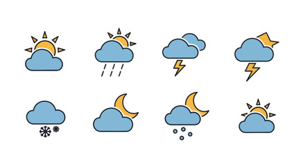 Obraz premium A collection of simple weather icons, depicting sunny, rainy, cloudy, snowy, and nighttime conditions with moon and stars, all in a flat design style, featuring colored outlines