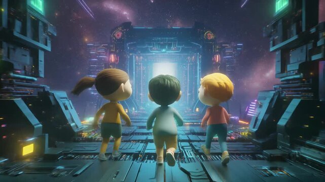 Three cartoon children walk towards a glowing portal in a futuristic space station, embarking on an adventure.