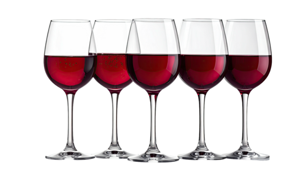 Five wine glasses filled with red liquid, lined up neatly