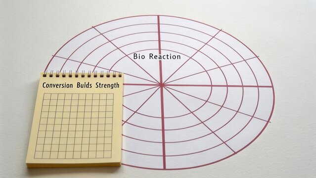 Circular graph illustrating bio reaction with grid note pad highlighting conversion builds strength concept - Powered by Adobe