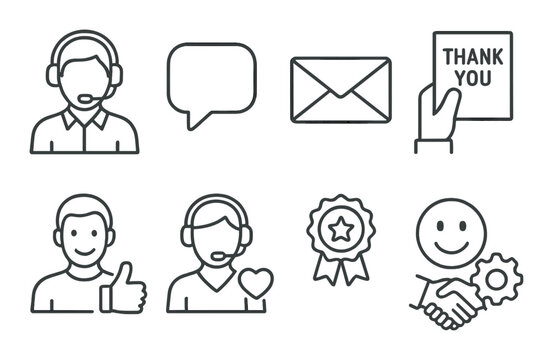Customer support icons with headsets and communication symbols