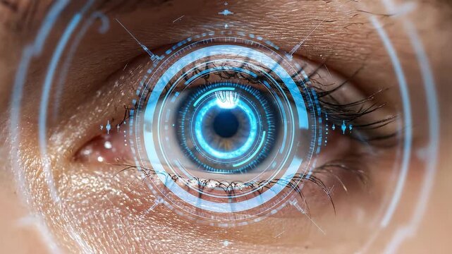 Close-up of a human eye with futuristic digital interface overlay, representing biometric scanning and advanced technology. - Powered by Adobe