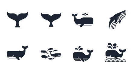 Naklejka premium A collection of simple, dark blue whale illustrations in various poses. Tails, breaching, surfacing, and group compositions. All set against a clean white backdrop