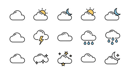 A collection of simple weather icons, depicting diverse atmospheric conditions, including sunny, cloudy, rainy, and starry nights, with outline style and color fill