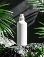 White spray bottle on rough rock w/ green foliage backdrop