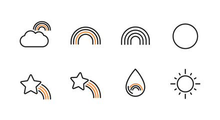 A collection of minimalist weather-related icons, including rainbows, stars, sun, cloud, and a raindrop, all with an orange-black color scheme