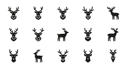 A series of black and white stylized deer icons. Some are headshots, others depict the whole animal. All are simplistic, uniform shapes against a white background