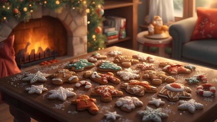 Festive christmas scene with gingerbread cookies arranged on a wooden table