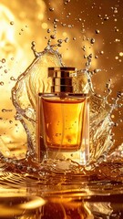 Golden perfume bottle in water splash