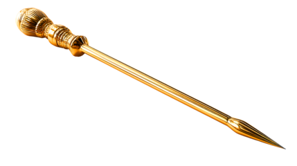 Antique ornate gold hat pin with detailed spherical finial and sharp pointed end isolated on transparent background