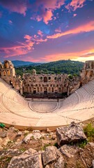 Ancient amphitheater, sunlit against vivid sunset clouds over distant hills
