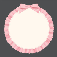Pink frilly round frame with ribbon bow, cute lace circle border vector design