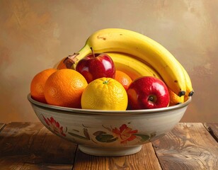 Bowl of assorted fruit on rustic wooden table