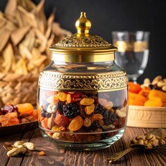 Jar of dried fruit, water glass, wooden background