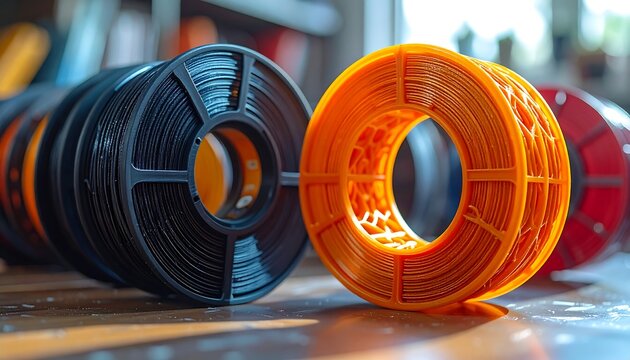 Close-up of colorful 3D printer filaments on a wooden surface.