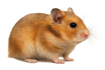 Hamster rodent pet standing, looking right, brown fur, cute small animal with whiskers on transparent background