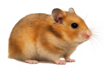 Hamster rodent pet standing, looking right, brown fur, cute small animal with whiskers on transparent background