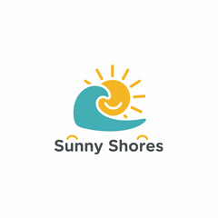 Cheerful logo features a smiling sun, ocean wave, and text.  Perfect for travel or beach themes
