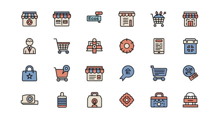 A flat design vector illustration set with colorful icons relating to shops, shopping carts, bags, mobile device, awards, and a user figure