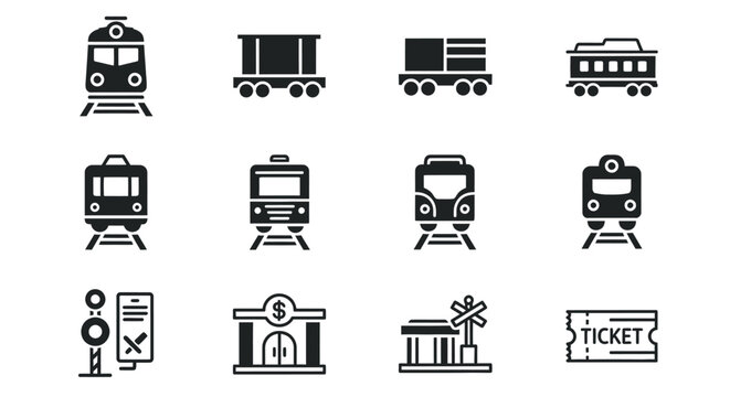 A collection of black and white train and railway icons. Includes various train types, wagons, signal, bank, station and ticket illustrations. A minimalist design, perfect for transportation themes