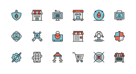 A set of colorful flat design icons. Subjects include shops, screens, clocks, gears, phones, lamps, carts, and targets, arranged on a white background