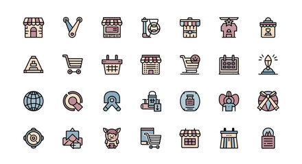 A collection of 28 colorful, simple-line icons set on a white background. Icons depict varied concepts, including shopping, objects, figures, and symbols of different kinds. All are flat style designs